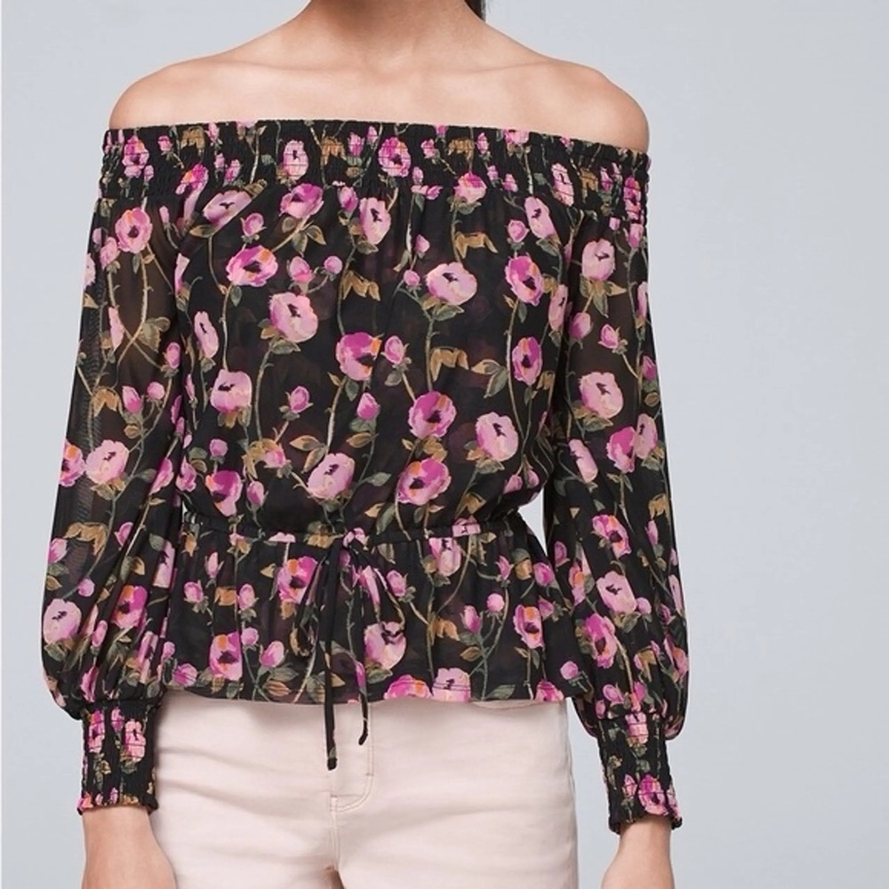 White House Black Market Floral-Print Off-The-Shoulder Mesh Top L Large Pink